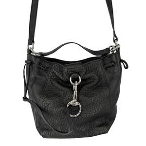 Vince Camuto Pebbled Leather Drastring Crossbody Bag Black Silver Hardware Purse